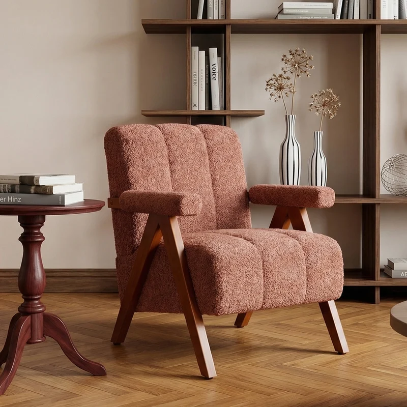 Fauteuil tissu bouclé rouge rouille bois massif chêne accoudoirs 77x68,5x77cm BENCHPLASTIC