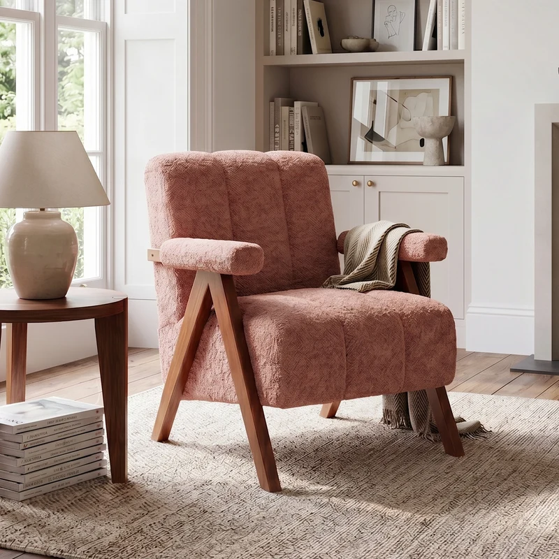 Fauteuil tissu bouclé rouge rouille bois massif chêne accoudoirs 77x68,5x77cm BENCHPLASTIC