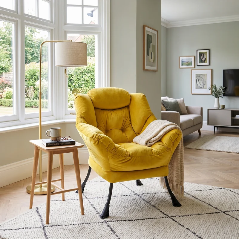 Fauteuil rembouré tissu jaune en pieds métal poche latérale 75x80x85cm BOOKCASEEDGE