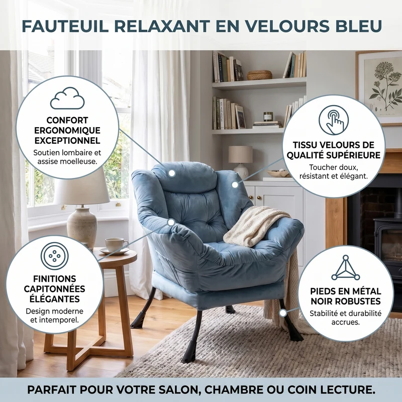Fauteuil rembouré tissu bleu clair en pieds métal poche latérale 75x80x85cm BOOKCASECONCRETE