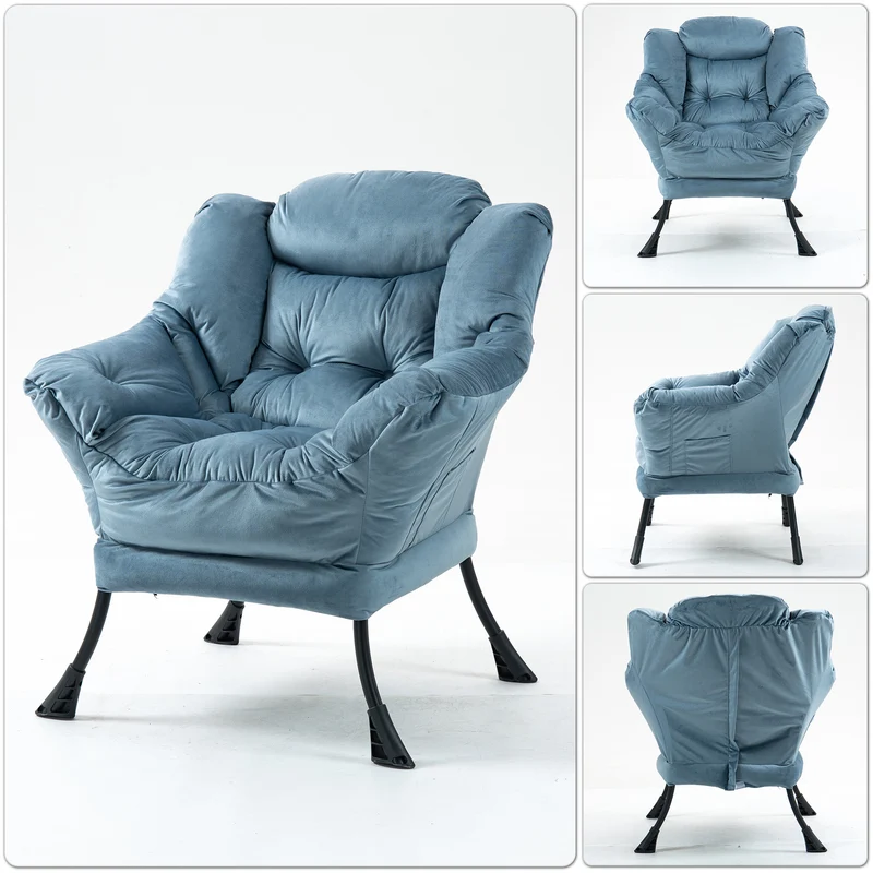 Fauteuil rembouré tissu bleu clair en pieds métal poche latérale 75x80x85cm BOOKCASECONCRETE