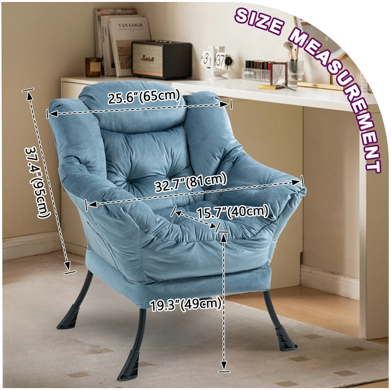 Fauteuil rembouré tissu bleu clair en pieds métal poche latérale 75x80x85cm BOOKCASECONCRETE
