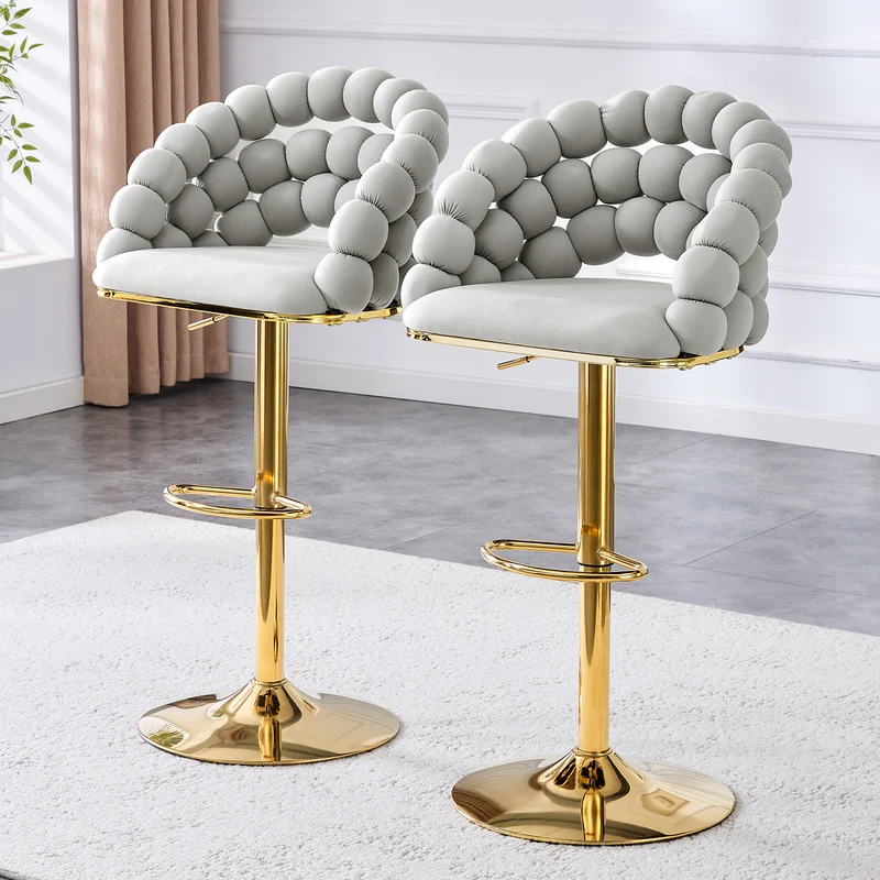 Lot de 2 tabourets de bar en velours gris clair dossier tréssé chaîne, hauteur réglable, pied doré BOOKCASEELITE