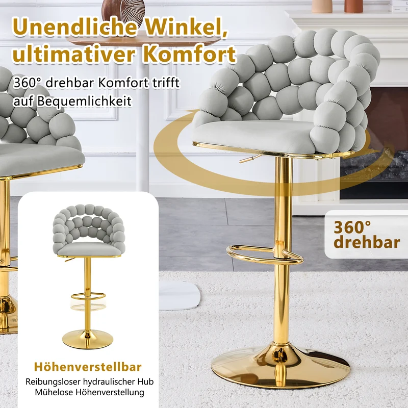 Lot de 2 tabourets de bar en velours gris clair dossier tréssé chaîne, hauteur réglable, pied doré BOOKCASEELITE