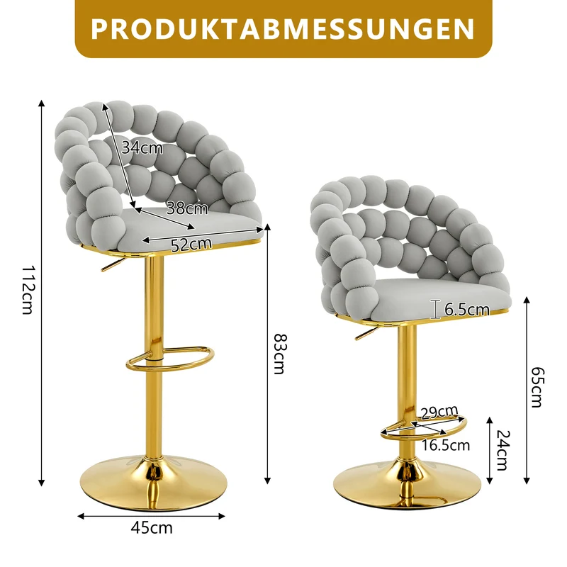 Lot de 2 tabourets de bar en velours gris clair dossier tréssé chaîne, hauteur réglable, pied doré BOOKCASEELITE