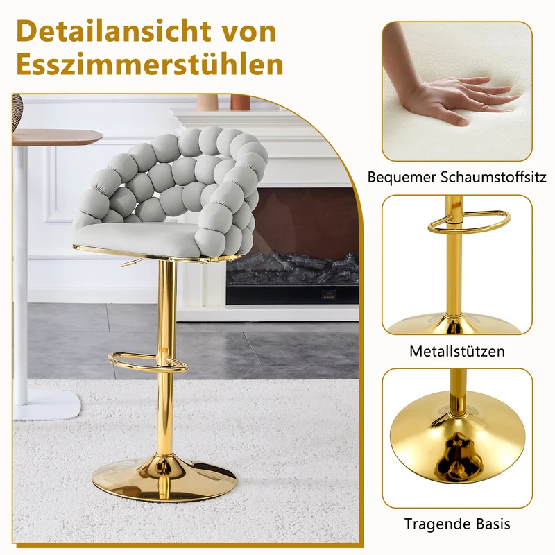 Lot de 2 tabourets de bar en velours gris clair dossier tréssé chaîne, hauteur réglable, pied doré BOOKCASEELITE