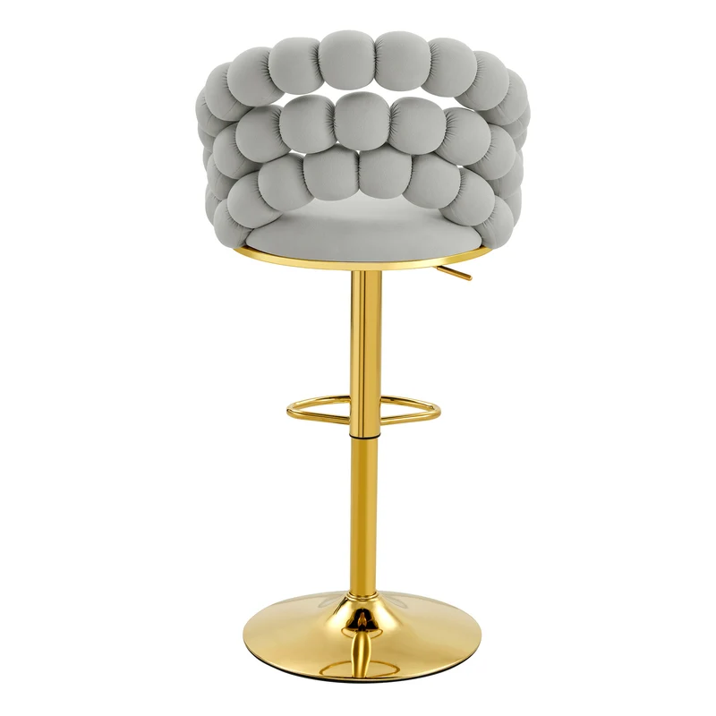 Lot de 2 tabourets de bar en velours gris clair dossier tréssé chaîne, hauteur réglable, pied doré BOOKCASEELITE