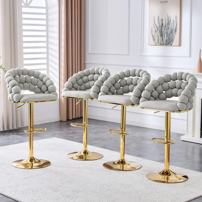 Lot de 2 tabourets de bar en velours gris clair dossier tréssé chaîne, hauteur réglable, pied doré BOOKCASEELITE