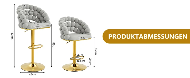 Lot de 2 tabourets de bar en velours gris clair dossier tréssé chaîne, hauteur réglable, pied doré BOOKCASEELITE
