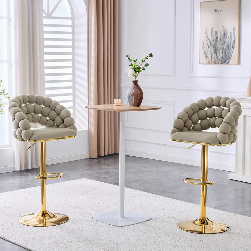 Lot de 2 tabourets de bar en velours gris dossier tréssé chaîne, hauteur réglable, pied doré BOOKCASEFLOW