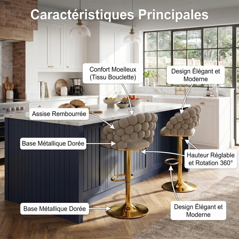 Lot de 2 tabourets de bar en velours gris dossier tréssé chaîne, hauteur réglable, pied doré BOOKCASEFLOW