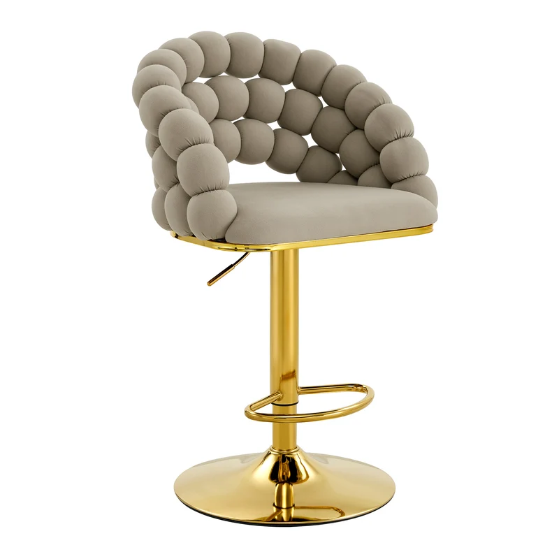 Lot de 2 tabourets de bar en velours gris dossier tréssé chaîne, hauteur réglable, pied doré BOOKCASEFLOW
