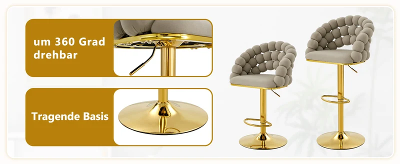 Lot de 2 tabourets de bar en velours gris dossier tréssé chaîne, hauteur réglable, pied doré BOOKCASEFLOW