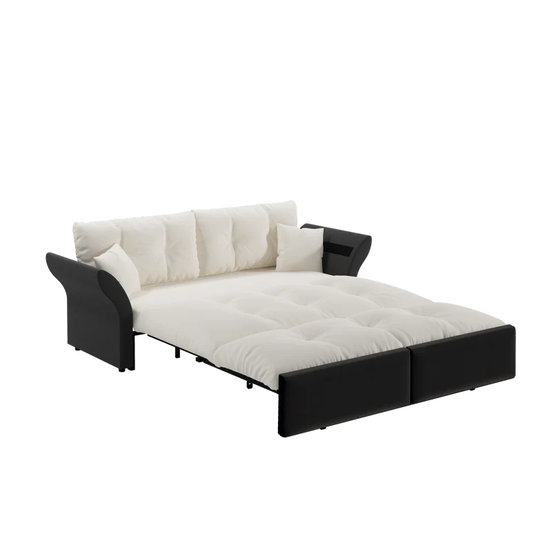 Canapé-lit 3 places covertible velours beige/blanc avec coussins BIRCHCART