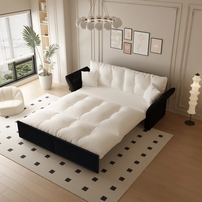 Canapé-lit 3 places covertible velours beige/blanc avec coussins BIRCHCART