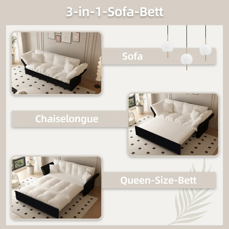 Canapé-lit 3 places covertible velours beige/blanc avec coussins BIRCHCART