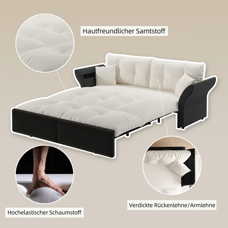 Canapé-lit 3 places covertible velours beige/blanc avec coussins BIRCHCART