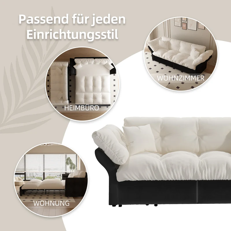 Canapé-lit 3 places covertible velours beige/blanc avec coussins BIRCHCART
