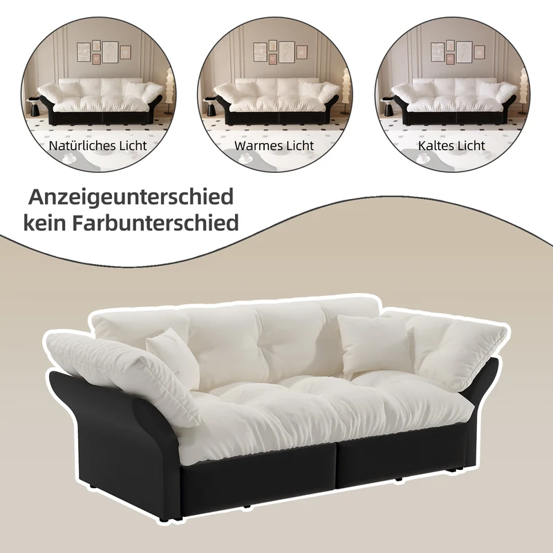 Canapé-lit 3 places covertible velours beige/blanc avec coussins BIRCHCART