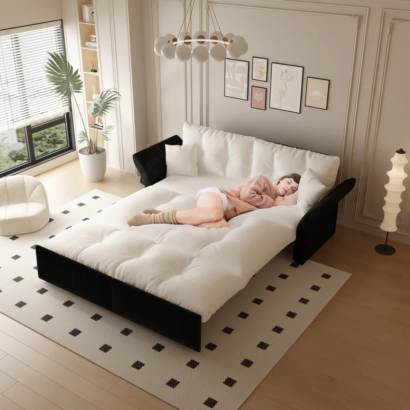 Canapé-lit 3 places covertible velours beige/blanc avec coussins BIRCHCART