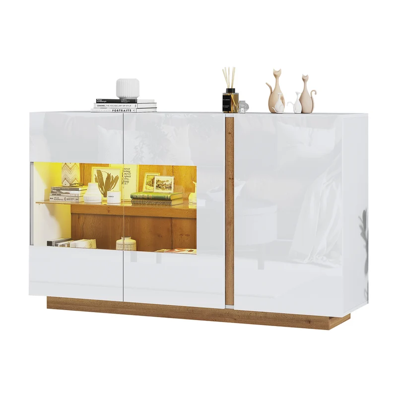 Buffet blanc brillance avec verre, 3 portes et éclairage LED 138*38*90.5cm ZECOIN