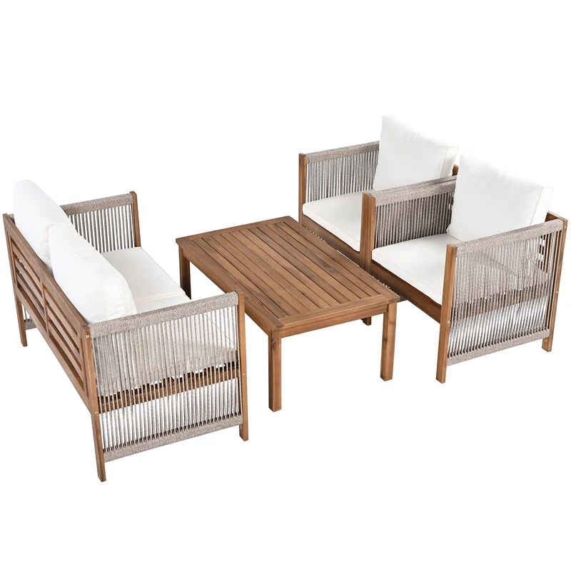 Salon de jardin en rotin beige, ensemble 4 pièces avec coussins confortables, bois d'acacia TESCODS