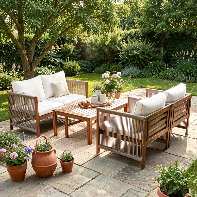 Salon de jardin en rotin beige, ensemble 4 pièces avec coussins confortables, bois d'acacia TESCODS