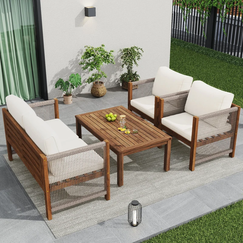 Salon de jardin en rotin beige, ensemble 4 pièces avec coussins confortables, bois d'acacia TESCODS
