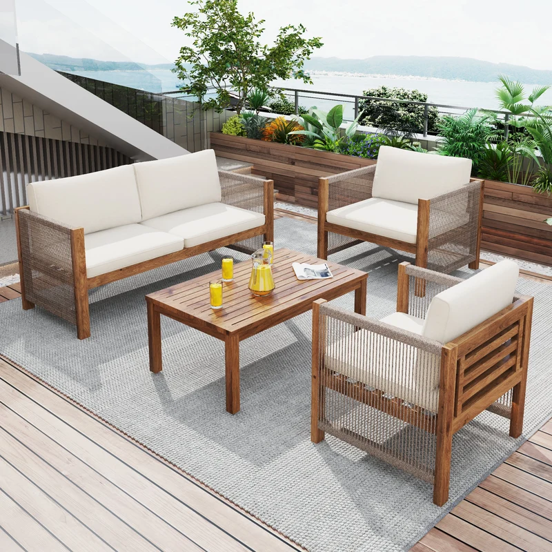 Salon de jardin en rotin beige, ensemble 4 pièces avec coussins confortables, bois d'acacia TESCODS