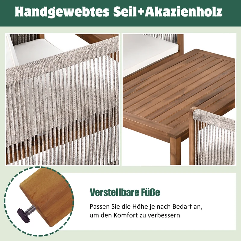 Salon de jardin en rotin beige, ensemble 4 pièces avec coussins confortables, bois d'acacia TESCODS
