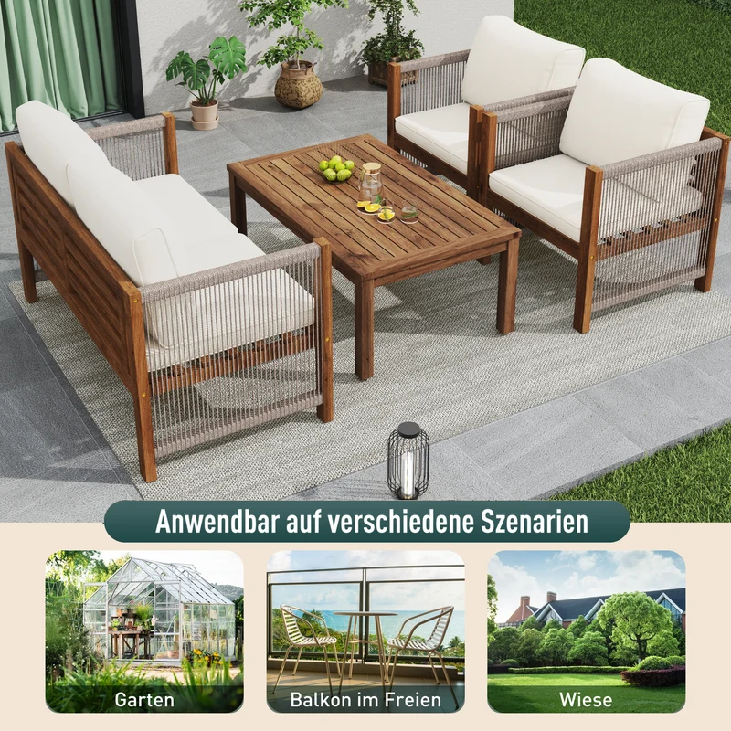 Salon de jardin en rotin beige, ensemble 4 pièces avec coussins confortables, bois d'acacia TESCODS