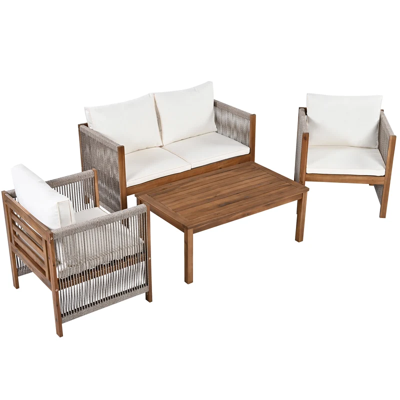 Salon de jardin en rotin beige, ensemble 4 pièces avec coussins confortables, bois d'acacia TESCODS