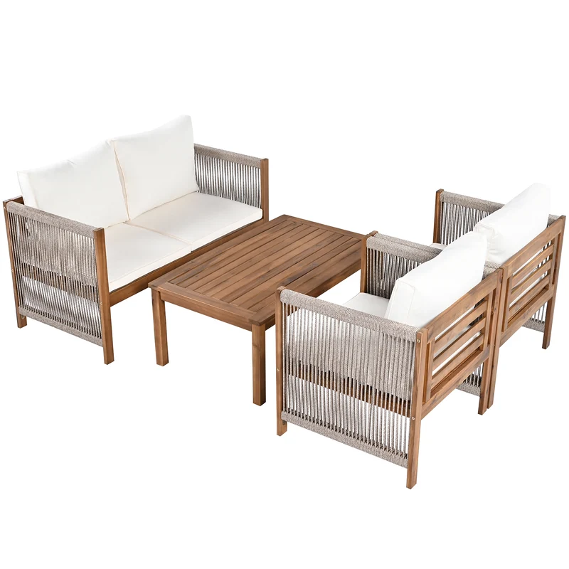Salon de jardin en rotin beige, ensemble 4 pièces avec coussins confortables, bois d'acacia TESCODS