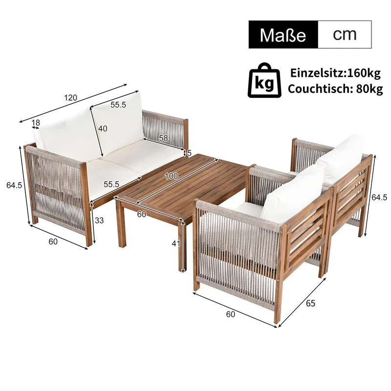 Salon de jardin en rotin beige, ensemble 4 pièces avec coussins confortables, bois d'acacia TESCODS
