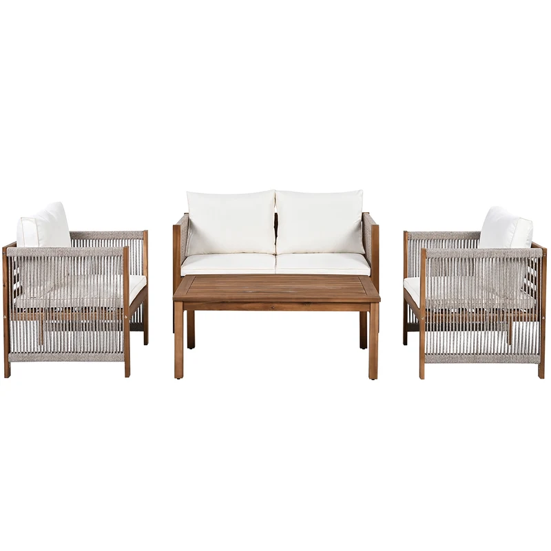 Salon de jardin en rotin beige, ensemble 4 pièces avec coussins confortables, bois d'acacia TESCODS