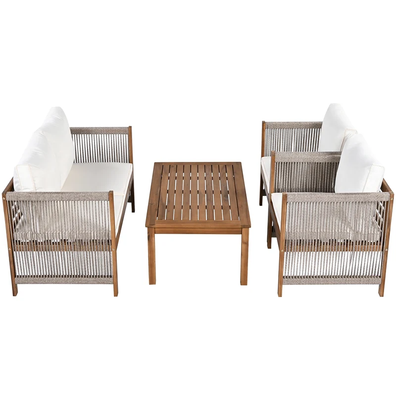 Salon de jardin en rotin beige, ensemble 4 pièces avec coussins confortables, bois d'acacia TESCODS