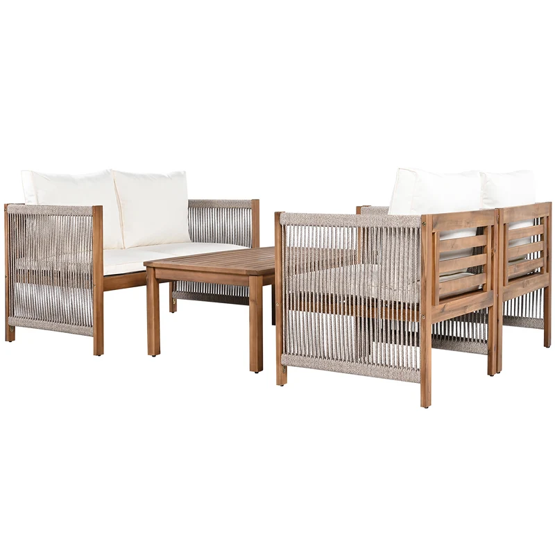 Salon de jardin en rotin beige, ensemble 4 pièces avec coussins confortables, bois d'acacia TESCODS