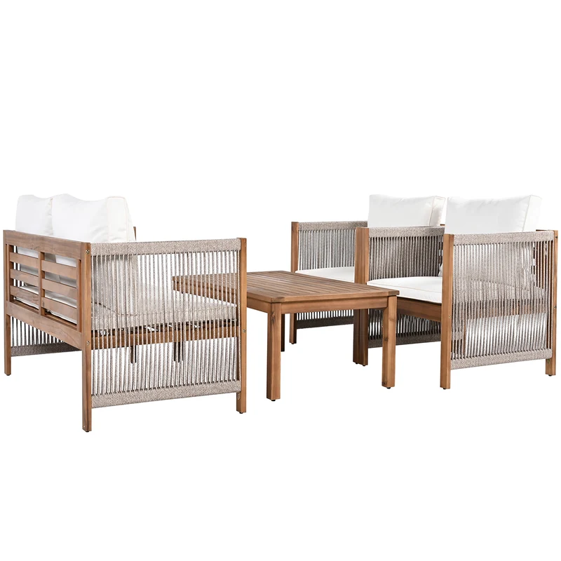 Salon de jardin en rotin beige, ensemble 4 pièces avec coussins confortables, bois d'acacia TESCODS