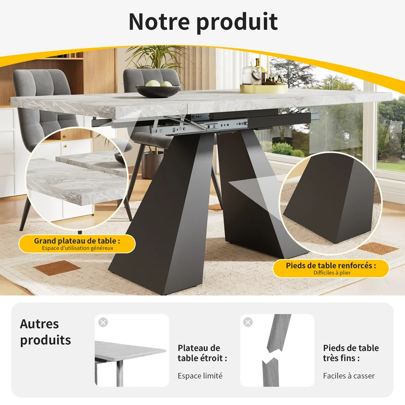 Table à manger extensible effet marbre gris, pieds en acier 99-159×74cm WETLAND