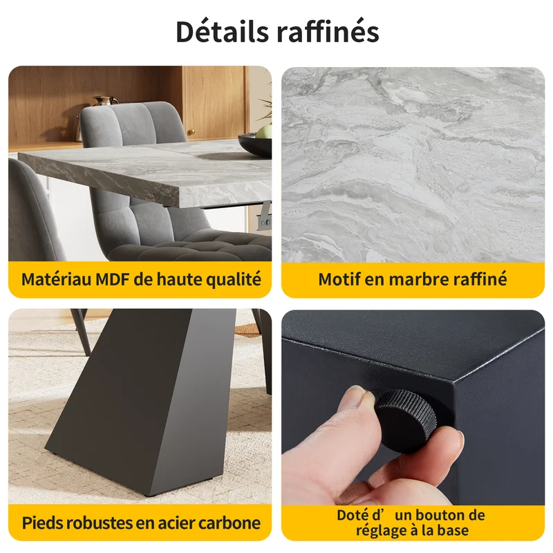 Table à manger extensible effet marbre gris, pieds en acier 99-159×74cm WETLAND