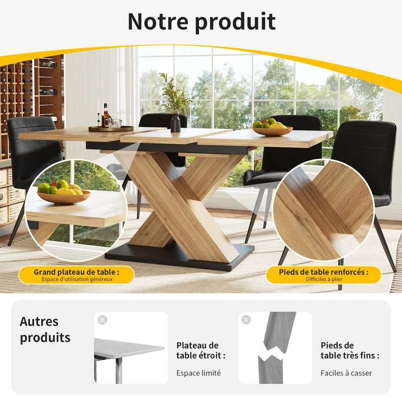 Table de salle à manger extensible effet bois naturel, pieds croisé, 6-8 personnes 119-158,5cm CLIFFPOND