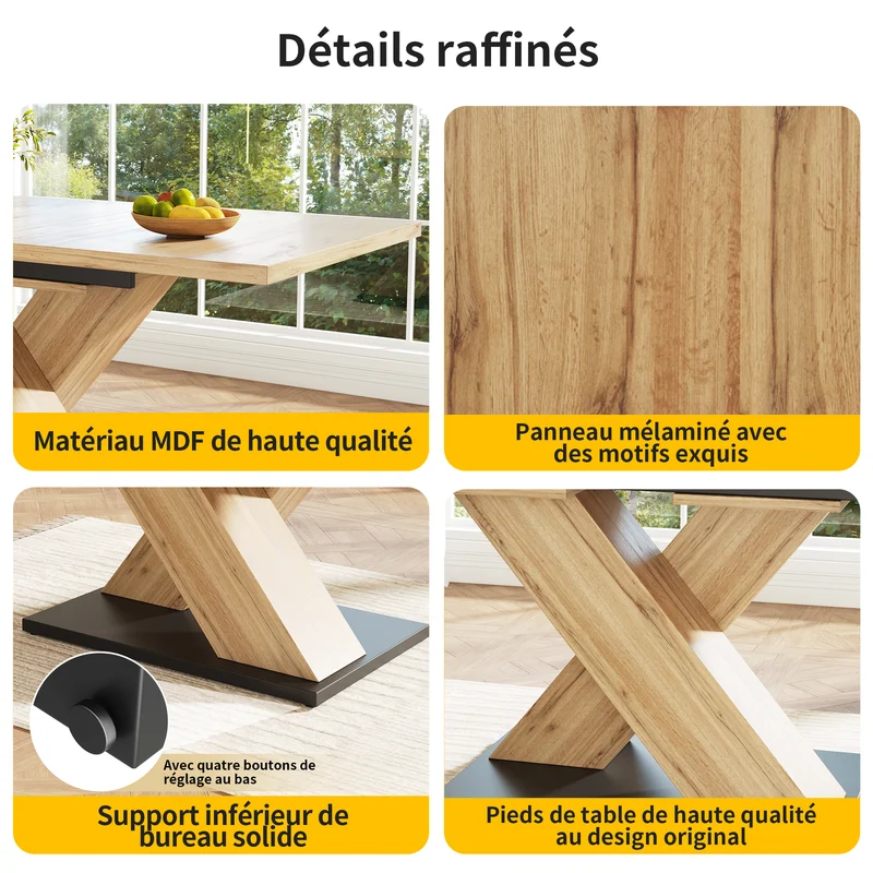 Table de salle à manger extensible effet bois naturel, pieds croisé, 6-8 personnes 119-158,5cm CLIFFPOND