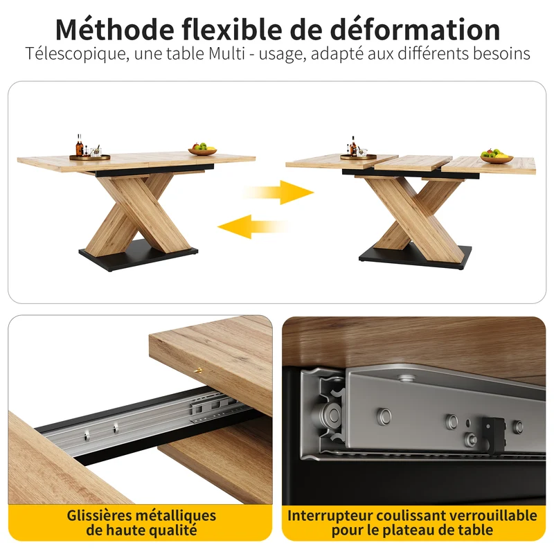 Table de salle à manger extensible effet bois naturel, pieds croisé, 6-8 personnes 119-158,5cm CLIFFPOND