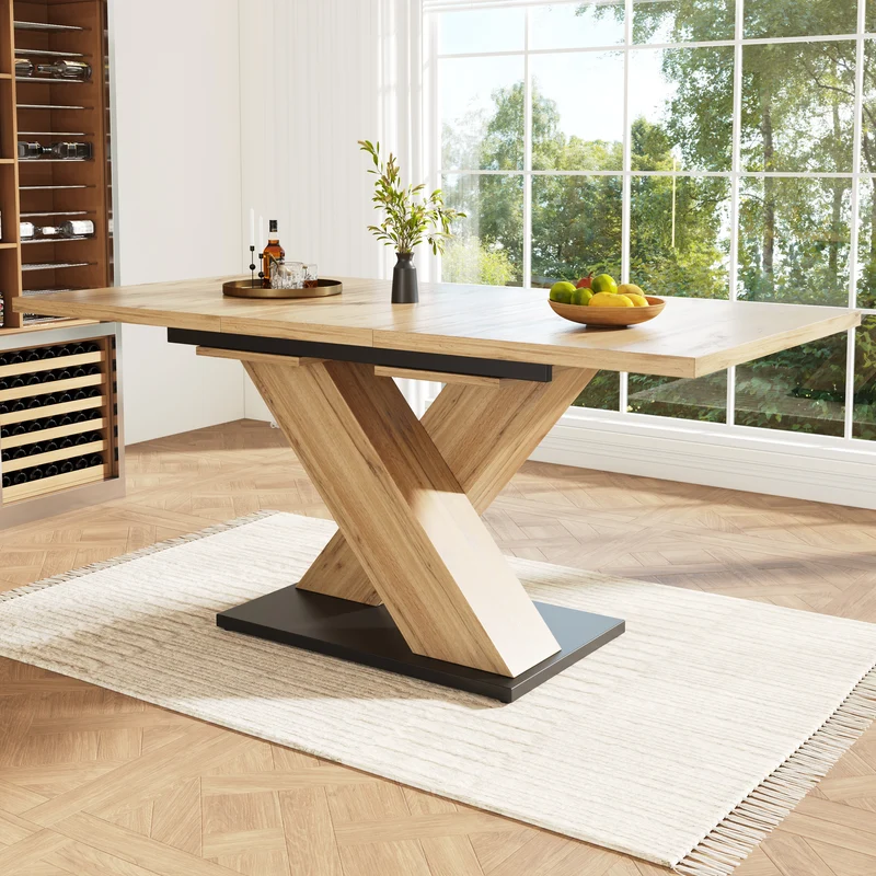 Table de salle à manger extensible effet bois naturel, pieds croisé, 6-8 personnes 119-158,5cm CLIFFPOND
