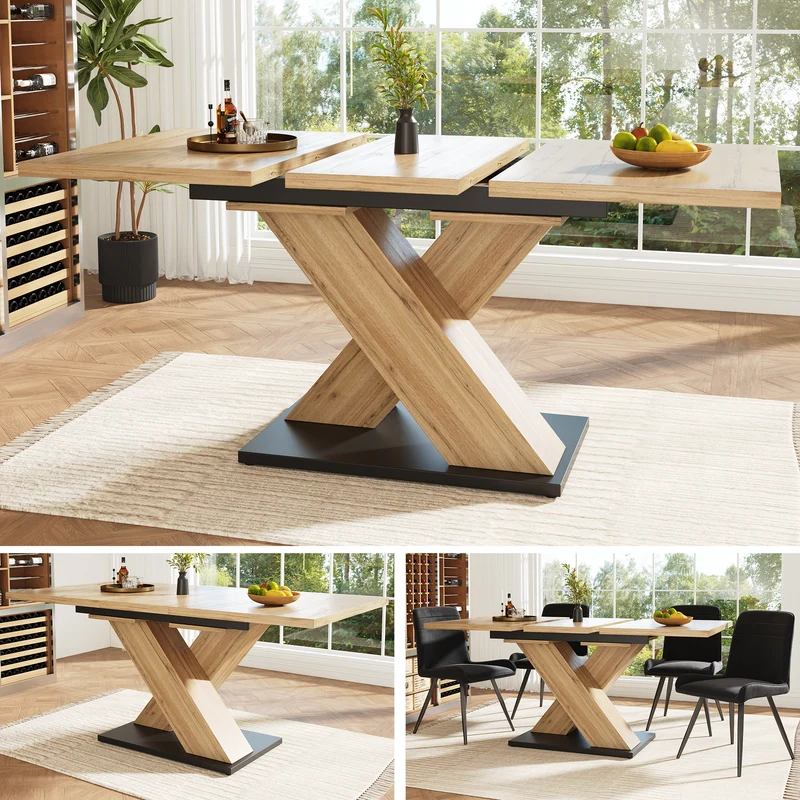 Table de salle à manger extensible effet bois naturel, pieds croisé, 6-8 personnes 119-158,5cm CLIFFPOND