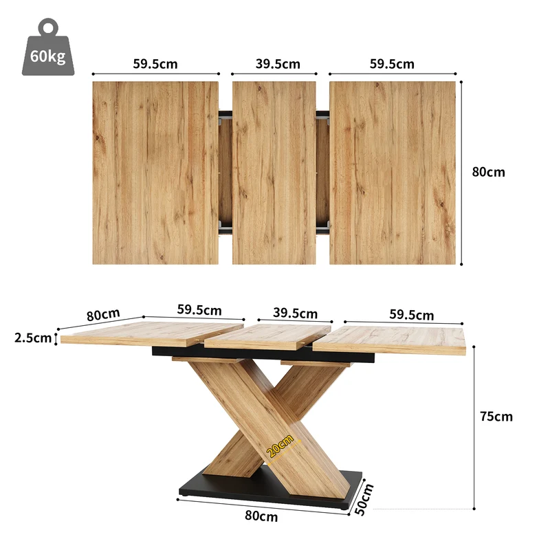Table de salle à manger extensible effet bois naturel, pieds croisé, 6-8 personnes 119-158,5cm CLIFFPOND