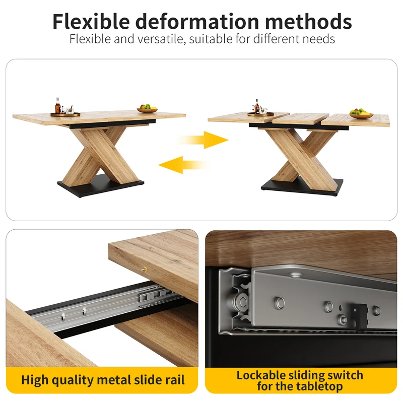 Table de salle à manger extensible effet bois naturel, pieds croisé, 6-8 personnes 119-158,5cm CLIFFPOND