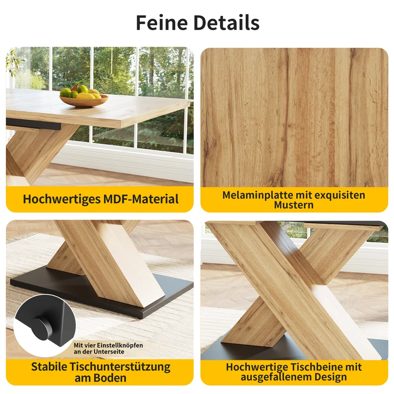 Table de salle à manger extensible effet bois naturel, pieds croisé, 6-8 personnes 119-158,5cm CLIFFPOND