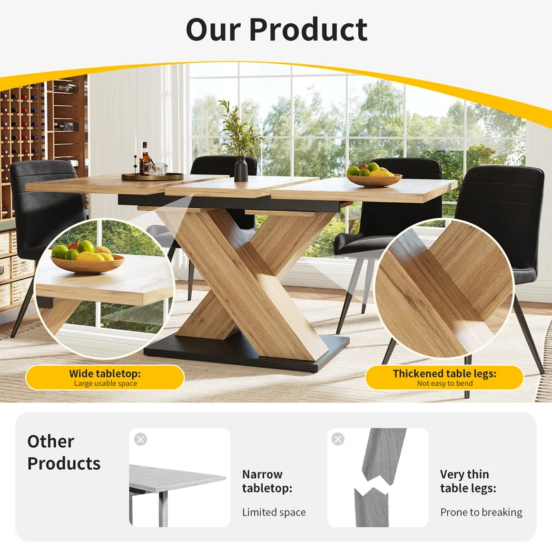 Table de salle à manger extensible effet bois naturel, pieds croisé, 6-8 personnes 119-158,5cm CLIFFPOND