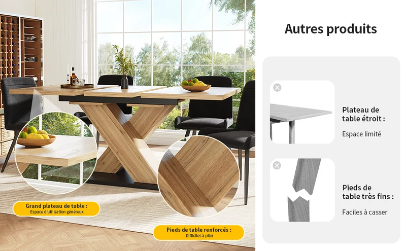Table de salle à manger extensible effet bois naturel, pieds croisé, 6-8 personnes 119-158,5cm CLIFFPOND